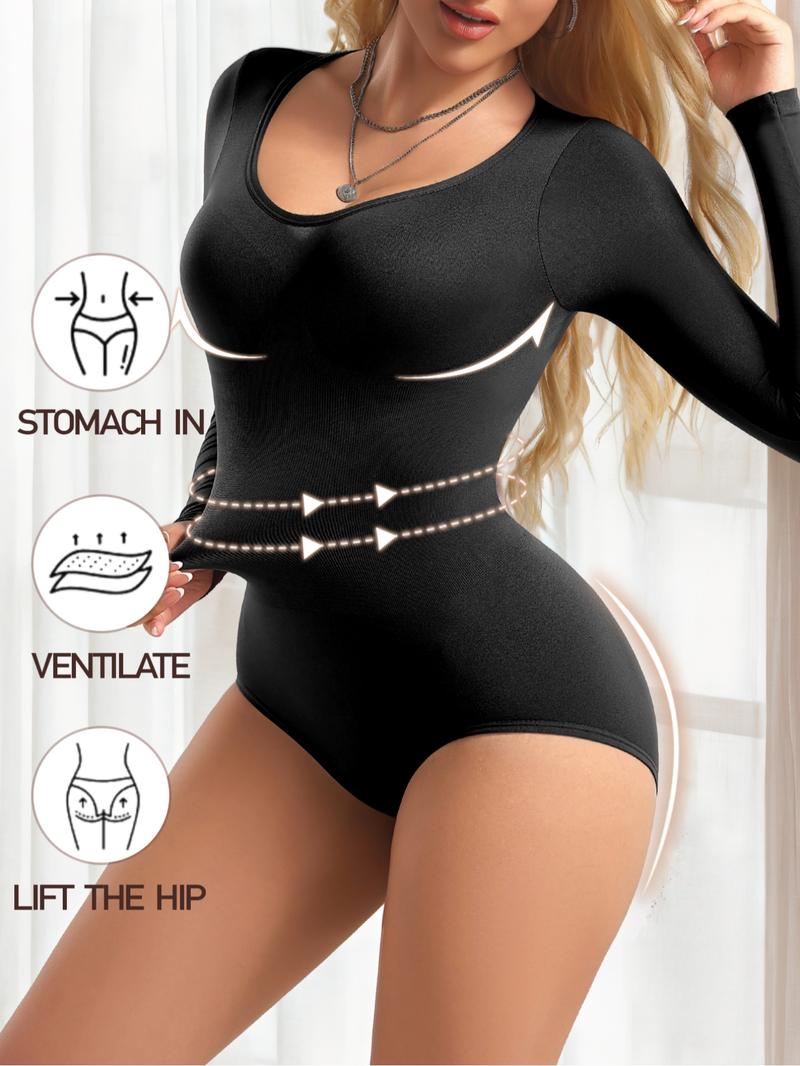 Women'S Shapewear for Fall&Winter,Ribbed Abdomen Control Bodysuit, Long Sleeve Seamless T Shirt,Comfortable Scoop Neck Body Suit Stretchy Basic Tops, Fit Soft Elastic Fabric, Perfect for Daily Wear and Going Out