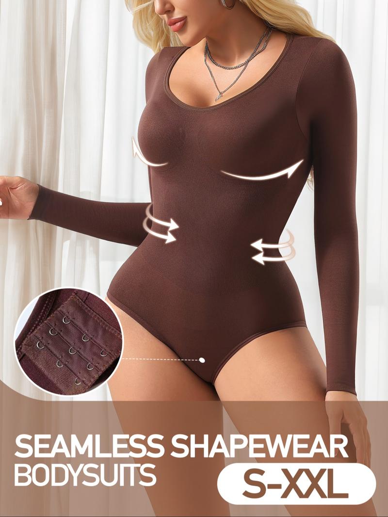 Women'S Shapewear for Fall&Winter,Ribbed Abdomen Control Bodysuit, Long Sleeve Seamless T Shirt,Comfortable Scoop Neck Body Suit Stretchy Basic Tops, Fit Soft Elastic Fabric, Perfect for Daily Wear and Going Out