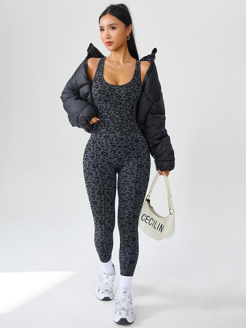 Seamless Knitted Tight-Fitting Women'S Leopard Print Jumpsuit, Outdoor Cycling Sports Onesie, One-Piece Sportswear, Sporty Jumpsuit, Workout Jumpsuit