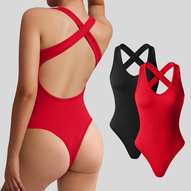 Oqqfitness Women Solid Backless Racerback Tank Bodysuit Cross-Strap Sleeveless Top Deep V Neck All Seasons, Cute Tops