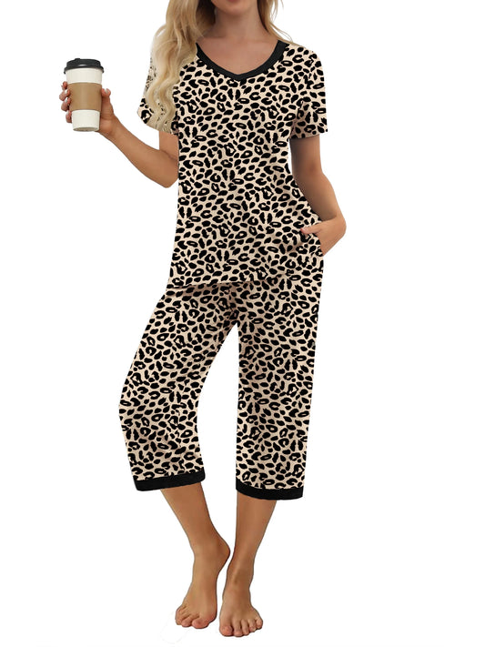 Women'S Pajama Sets Short Sleeve Shirt and Capri Soft Pajama Sets with Pockets S-4XL