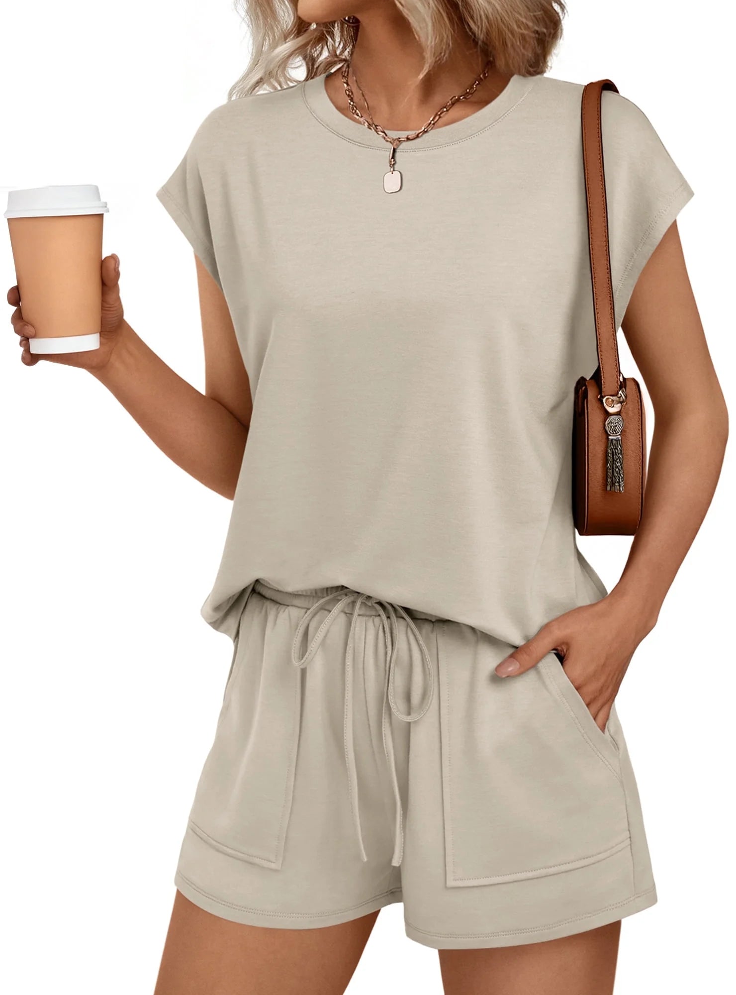 Lounge Sets for Women Two Piece Outfits Sweatsuit Crew Neck Short Sets Cap Sleeve Drawstring with Pocket