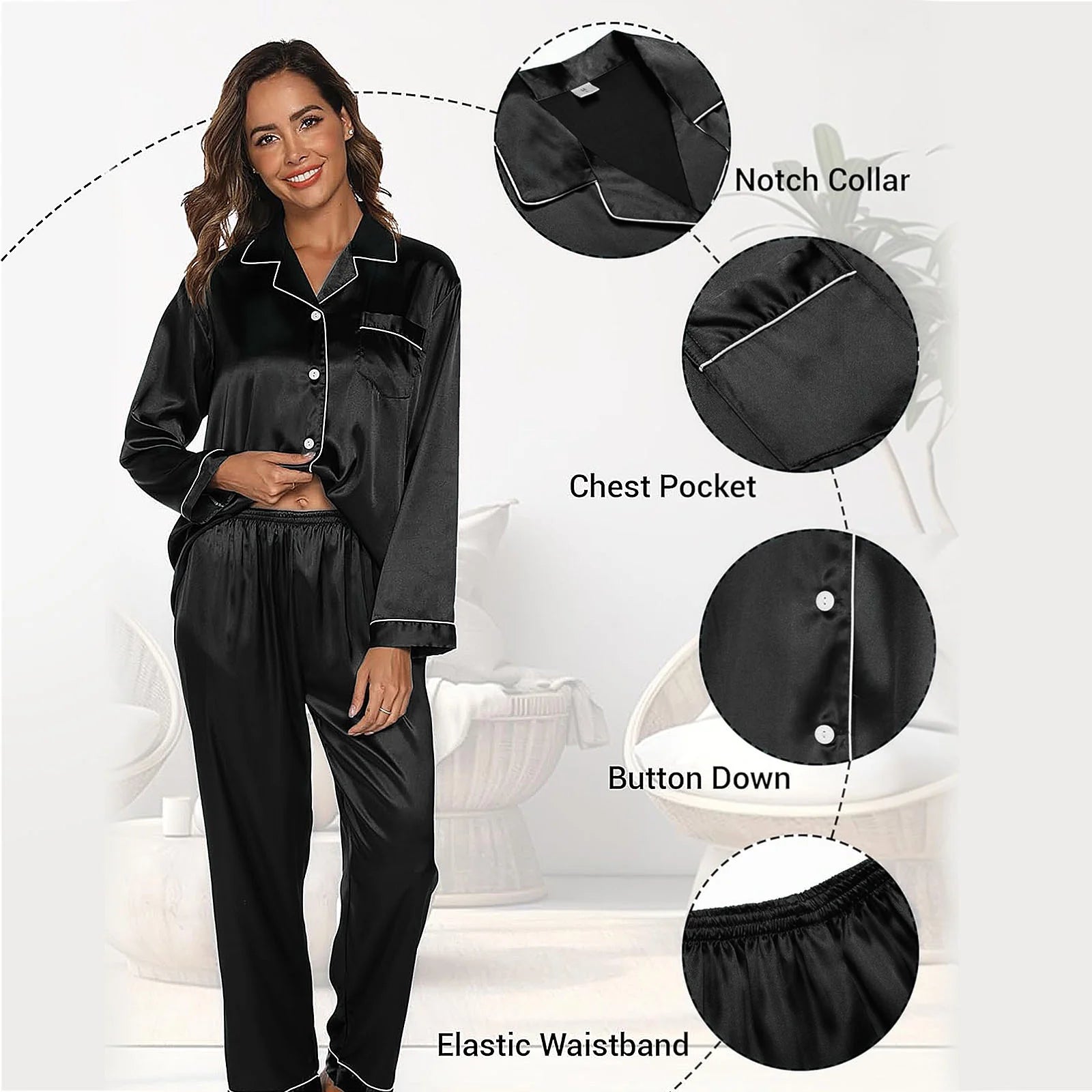 Womens Silk Satin Pajamas,  2PC Womens Pajama Sets, Soft Long Sleeve Pajamas for Women Button down Silk Satin Loungewear Set with Pockets