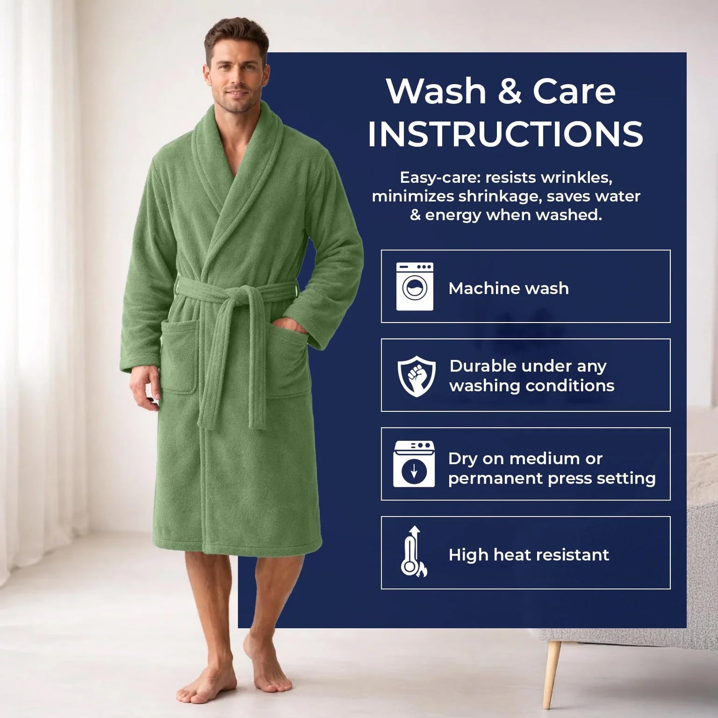 Bathrobe for Men and Women One Size Lightweight Cotton Terry Cloth Robe - Sage Green