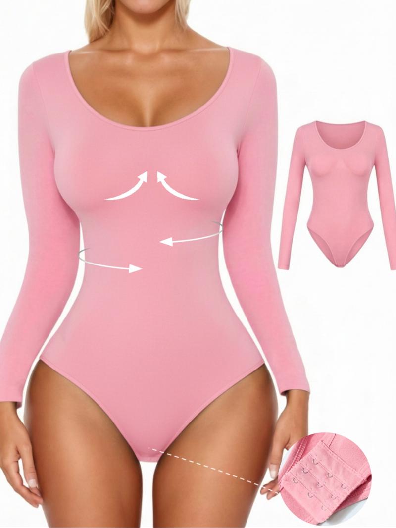 Women'S Shapewear for Fall&Winter,Ribbed Abdomen Control Bodysuit, Long Sleeve Seamless T Shirt,Comfortable Scoop Neck Body Suit Stretchy Basic Tops, Fit Soft Elastic Fabric, Perfect for Daily Wear and Going Out