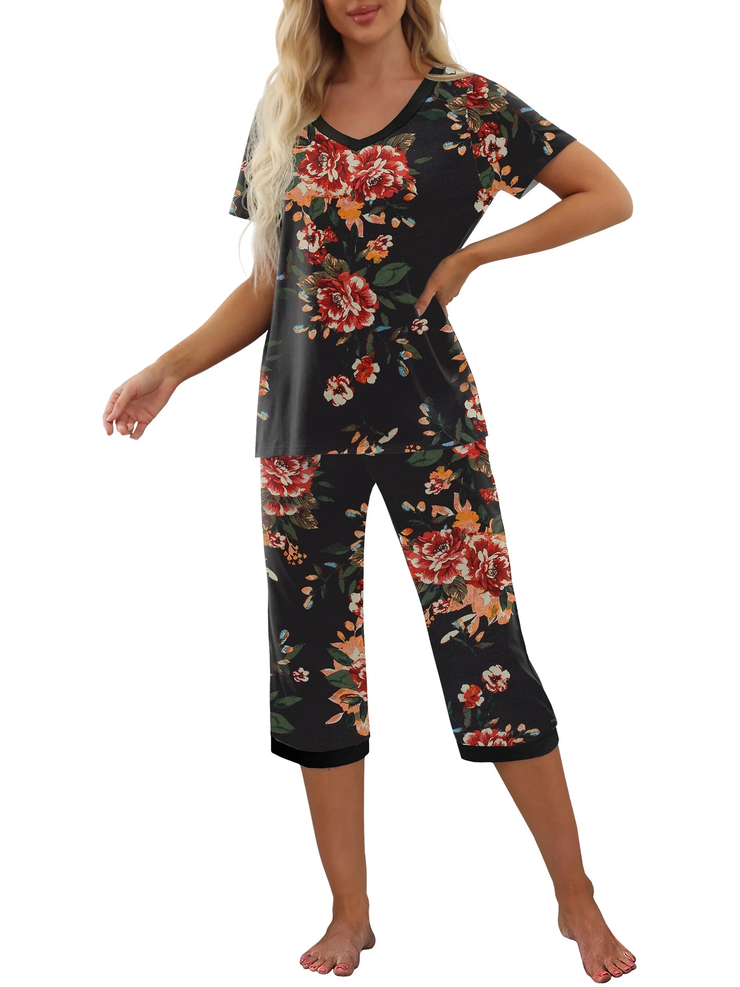 Women'S Pajama Sets Short Sleeve Shirt and Capri Soft Pajama Sets with Pockets S-4XL