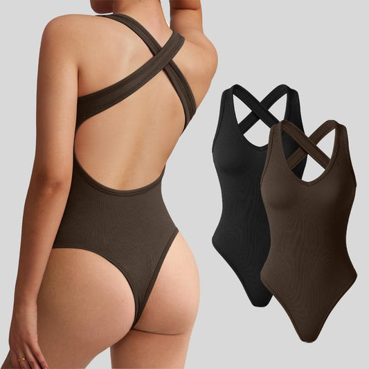 Oqqfitness Women Solid Backless Racerback Tank Bodysuit Cross-Strap Sleeveless Top Deep V Neck All Seasons, Cute Tops