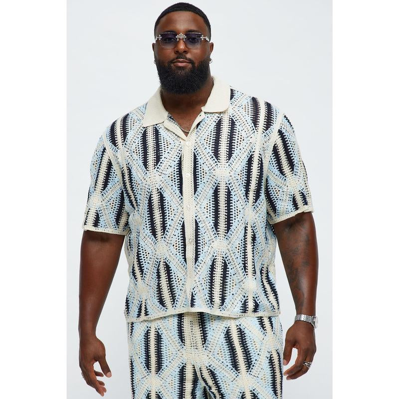 Cropped Relaxed Triangles Knit Closed Collar Shirt - Blue/Combo