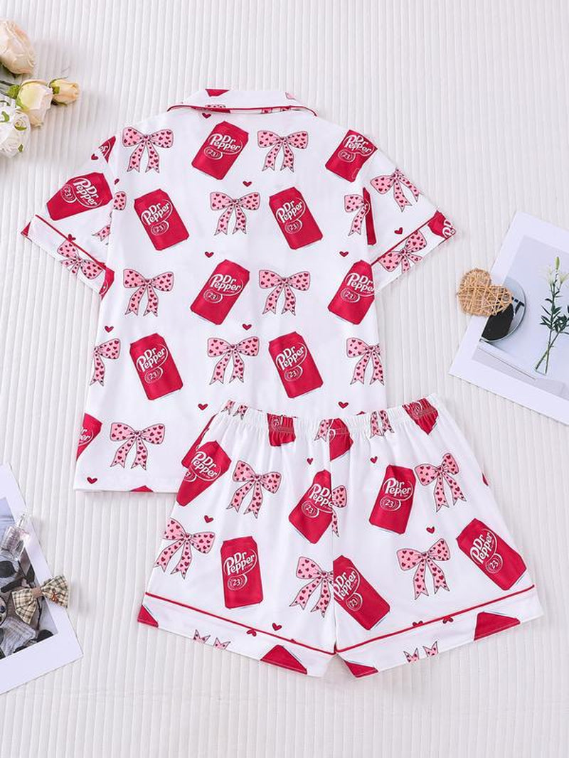 Women'S Valentine'S Day Spring Summer Set, Heart & Bow Pattern, Fitted Short Sleeve Top & Shorts, Casual All-Season Wear
