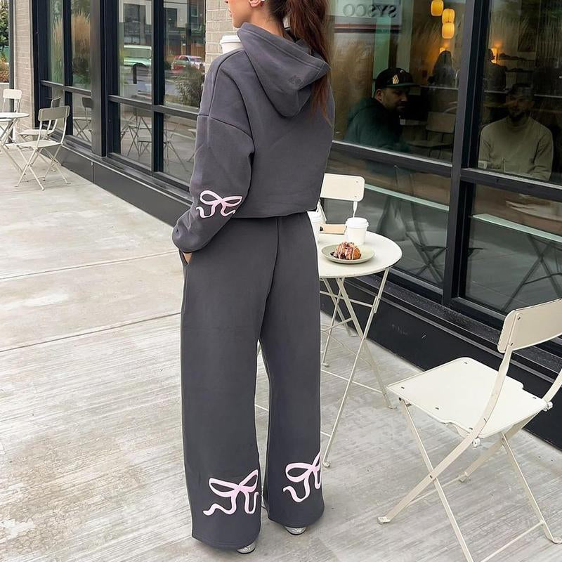 DUTUT Two Piece Bow Graphic Print Hoodie & Sweatpants Set Oversized Pullover High Waist Joggers Tracksuit for Women Premium Cotton-Polyester Blend