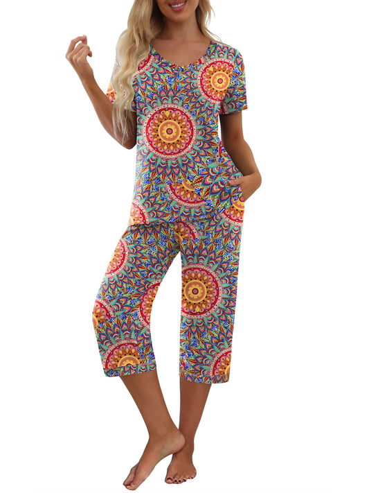 Women'S Pajama Sets Short Sleeve Shirt and Capri Soft Pajama Sets with Pockets S-4XL