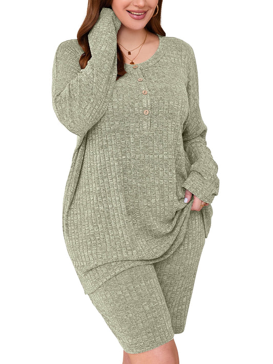 plus Outfit Sets for Women 2 Piece Matching Loungewear Green 5X Ribbed Knit Sets T-Shirt Biker Shorts Sweatsuits plus Size Pajamas, Lightweight for Spring / Summer / Fall / Winter