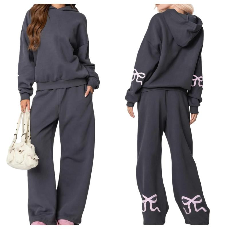 DUTUT Two Piece Bow Graphic Print Hoodie & Sweatpants Set Oversized Pullover High Waist Joggers Tracksuit for Women Premium Cotton-Polyester Blend