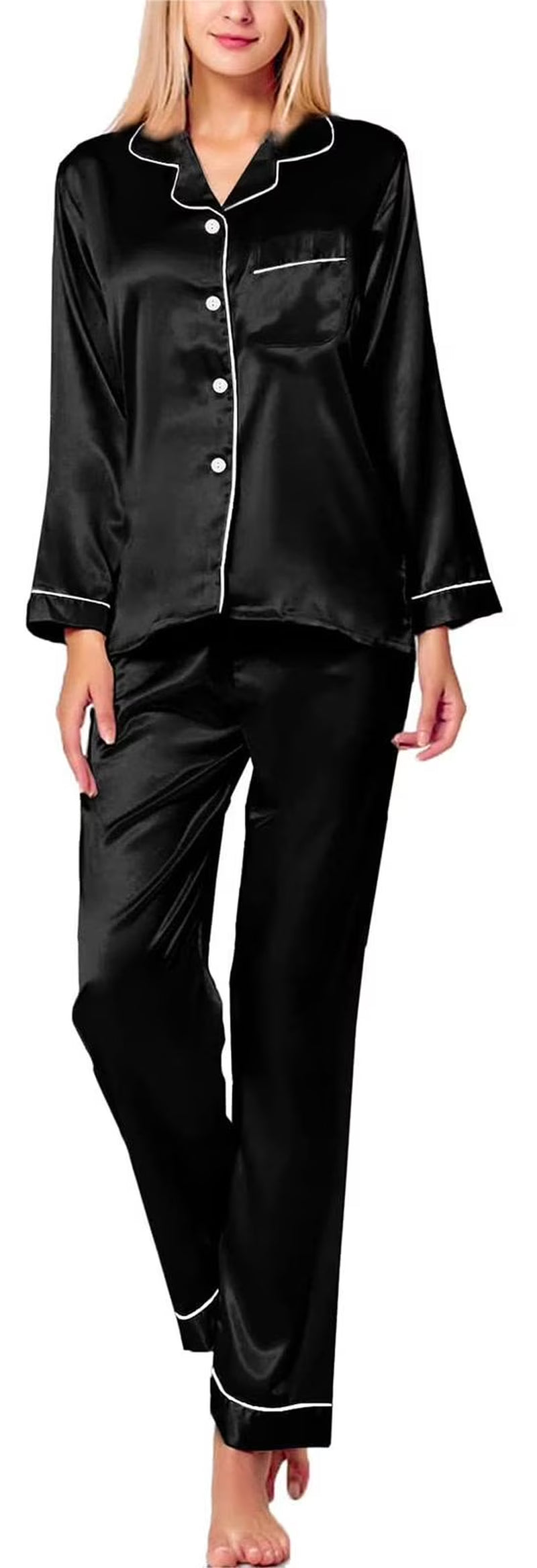Womens Silk Satin Pajamas,  2PC Womens Pajama Sets, Soft Long Sleeve Pajamas for Women Button down Silk Satin Loungewear Set with Pockets