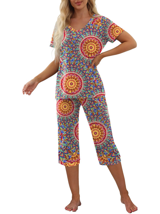 Women'S Pajama Sets Short Sleeve Shirt and Capri Soft Pajama Sets with Pockets S-4XL