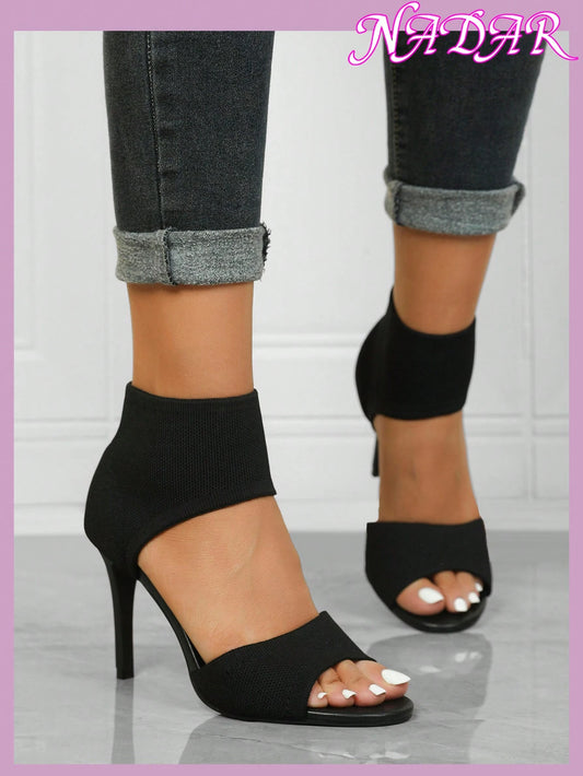 Women'S Minimalist Thick High Heel Knitted Sandals, Casual Solid Color anti Slip Sandals