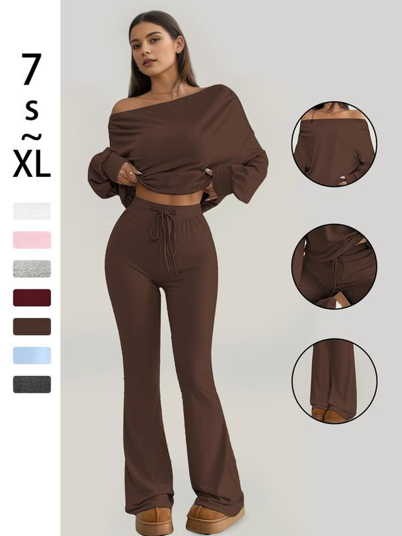One Shoulder Long Sleeve Loose Crop Top and High Waisted Drawstring Skinny Vintage Bell Bottoms, Yoga Fitness Workout, Fall & Winter