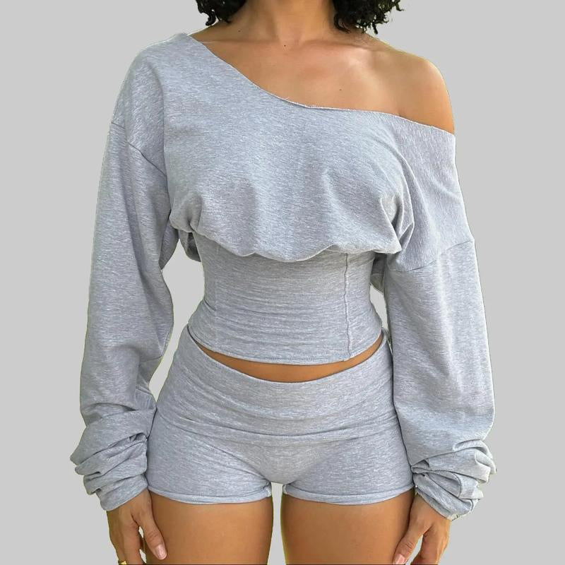 Women'S Solid Color One Shoulder Long Sleeve Waist-Cinched Sweatshirt & Shorts Two Piece Set 2025 Fall & Winter New Slim Fit Elegant Sexy Casual Wear Sports Loungewear Sexy Outfit