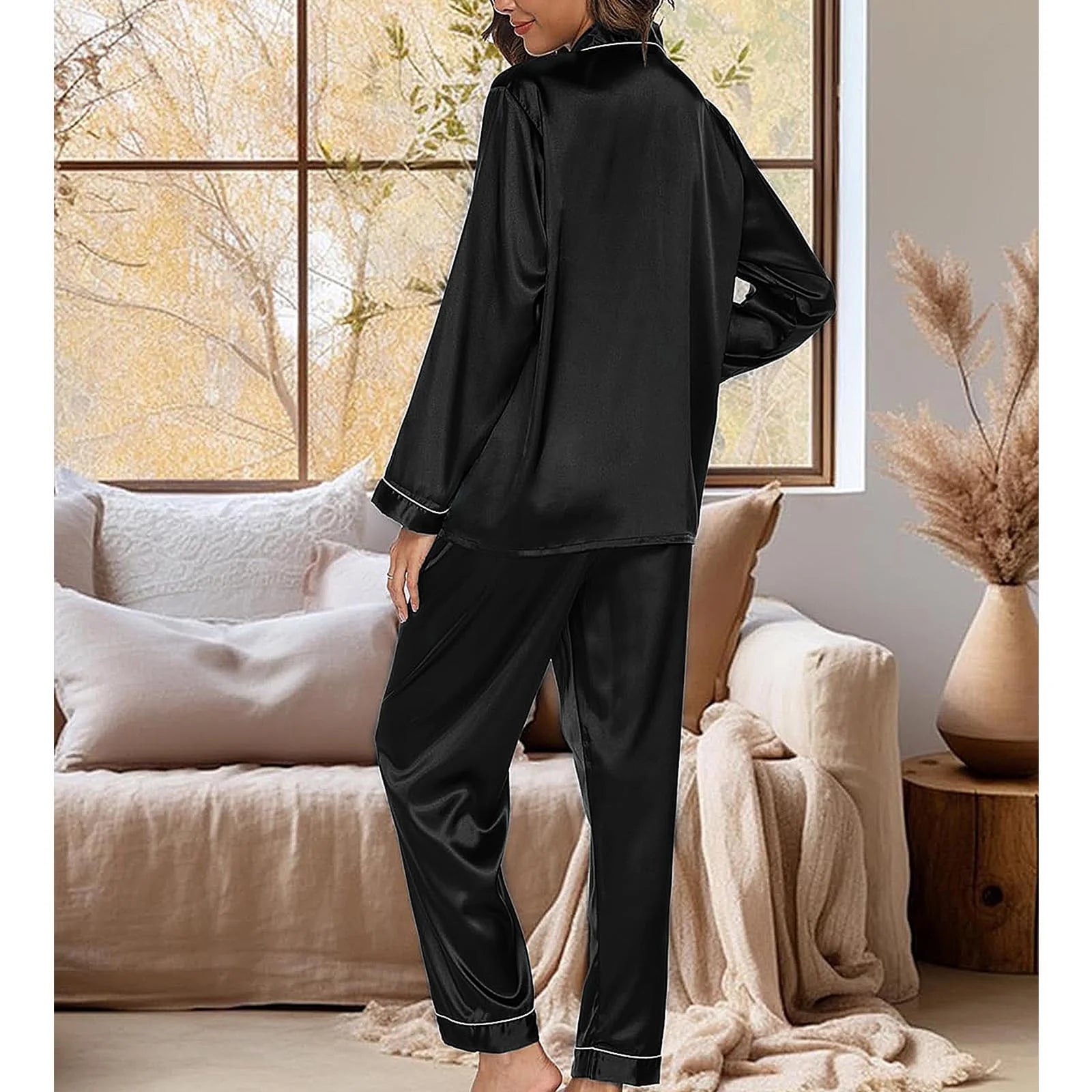 Womens Silk Satin Pajamas,  2PC Womens Pajama Sets, Soft Long Sleeve Pajamas for Women Button down Silk Satin Loungewear Set with Pockets
