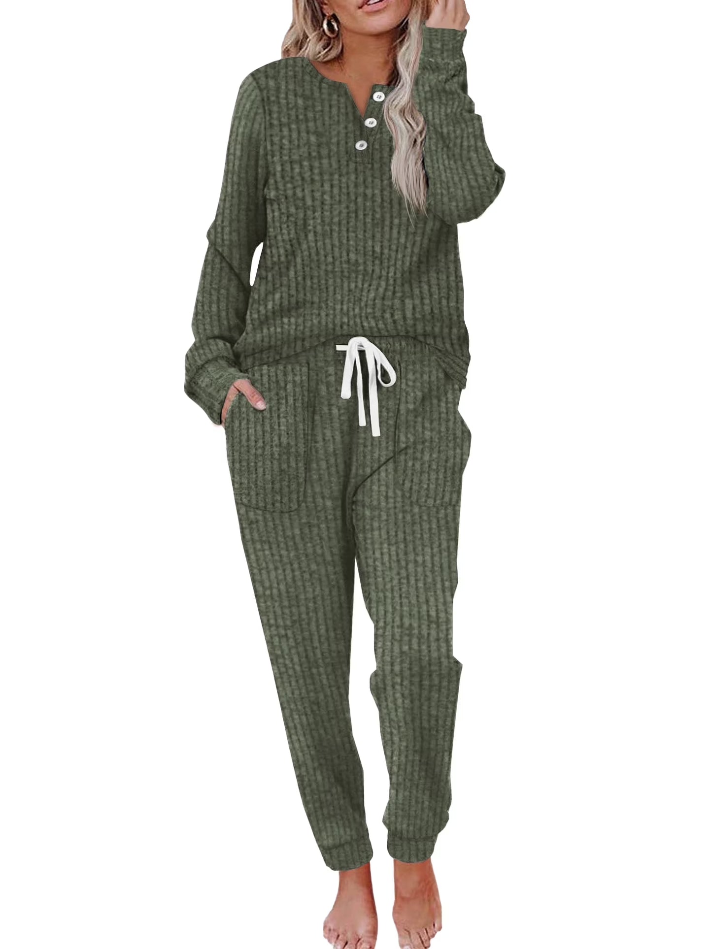Two Piece Womens Pajama Sets Button down Shirts and Drawstring Pants with Pockets Solid Lounge Sets for Women