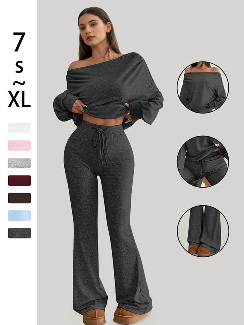 One Shoulder Long Sleeve Loose Crop Top and High Waisted Drawstring Skinny Vintage Bell Bottoms, Yoga Fitness Workout, Fall & Winter