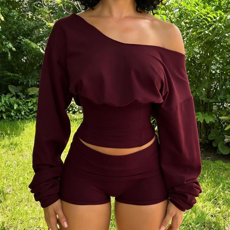 Women'S Solid Color One Shoulder Long Sleeve Waist-Cinched Sweatshirt & Shorts Two Piece Set 2025 Fall & Winter New Slim Fit Elegant Sexy Casual Wear Sports Loungewear Sexy Outfit
