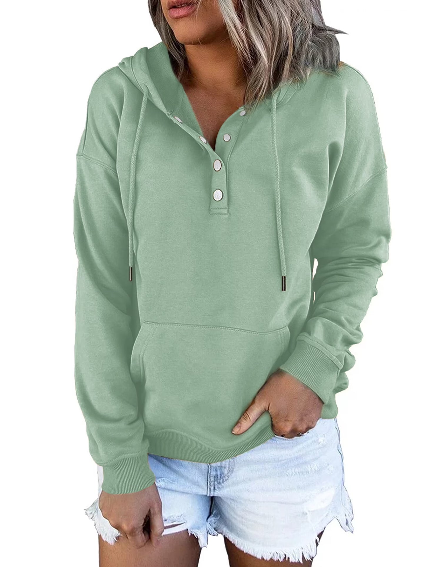 Half Boutton Womens Hoodies Drawstring Hooded Sweatshirts for Woman with Pocket