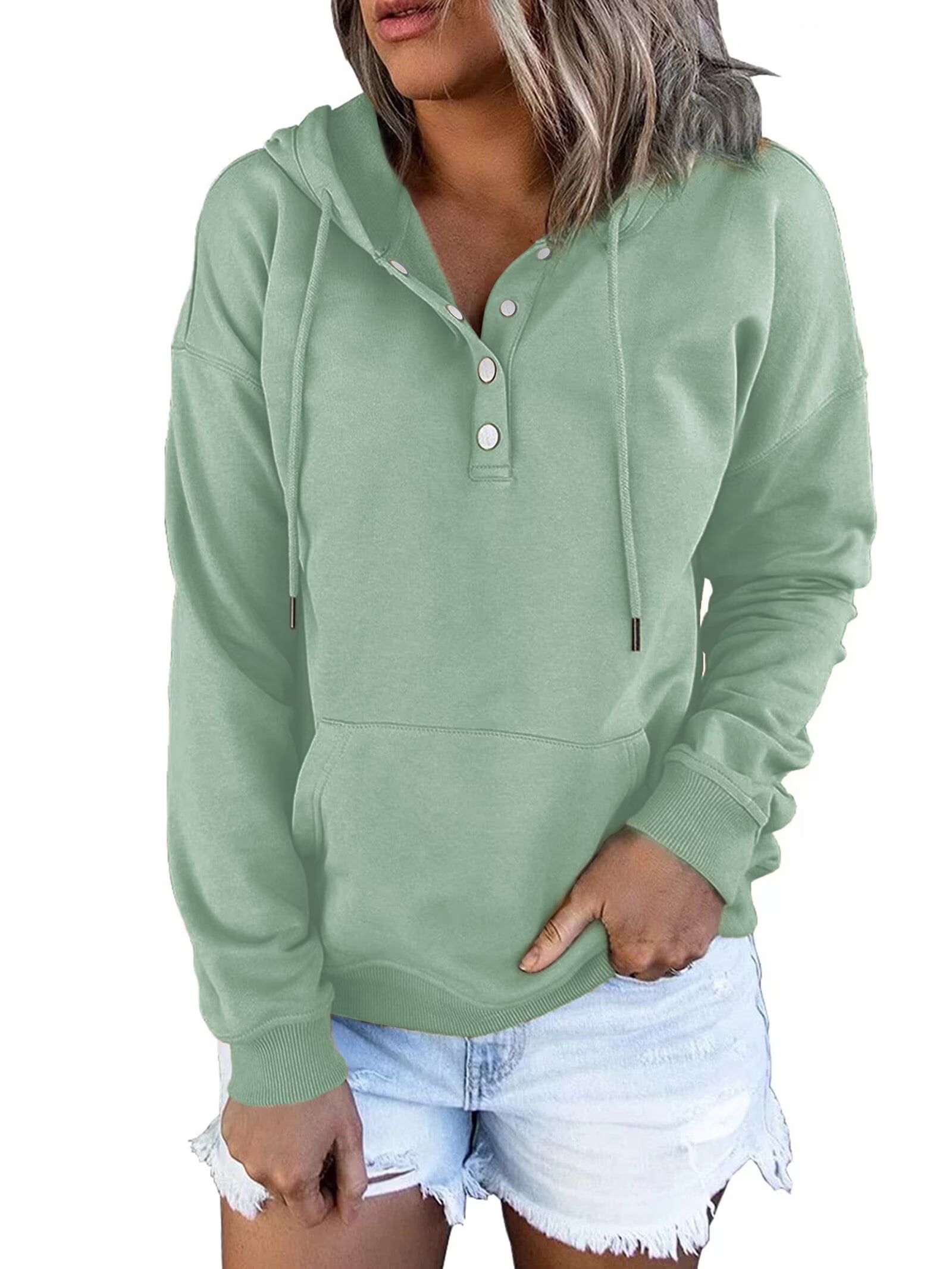 Half Boutton Womens Hoodies Drawstring Hooded Sweatshirts for Woman with Pocket