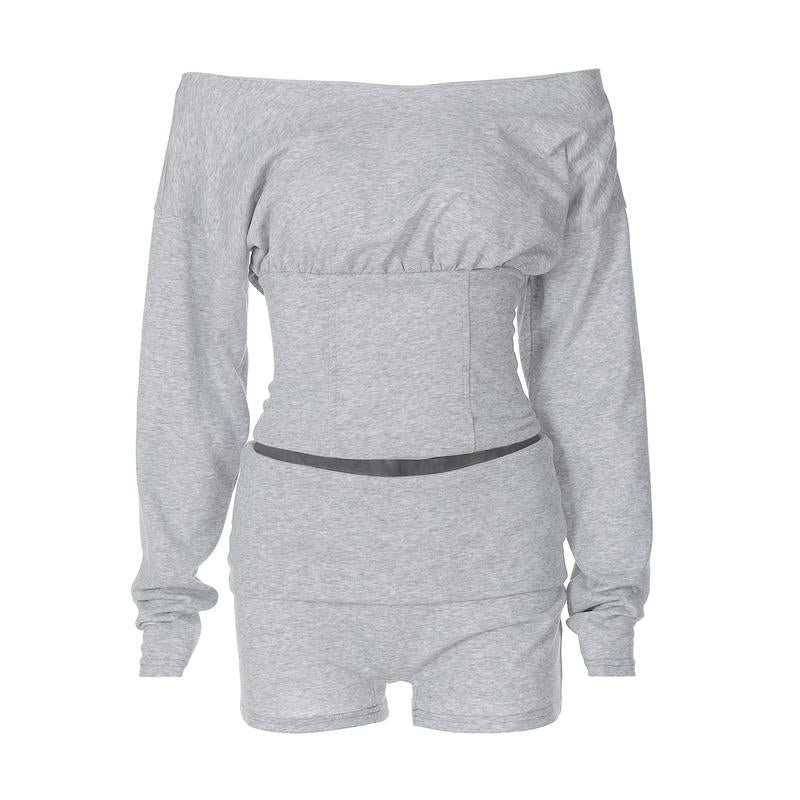 Women'S Solid Color One Shoulder Long Sleeve Waist-Cinched Sweatshirt & Shorts Two Piece Set 2025 Fall & Winter New Slim Fit Elegant Sexy Casual Wear Sports Loungewear Sexy Outfit