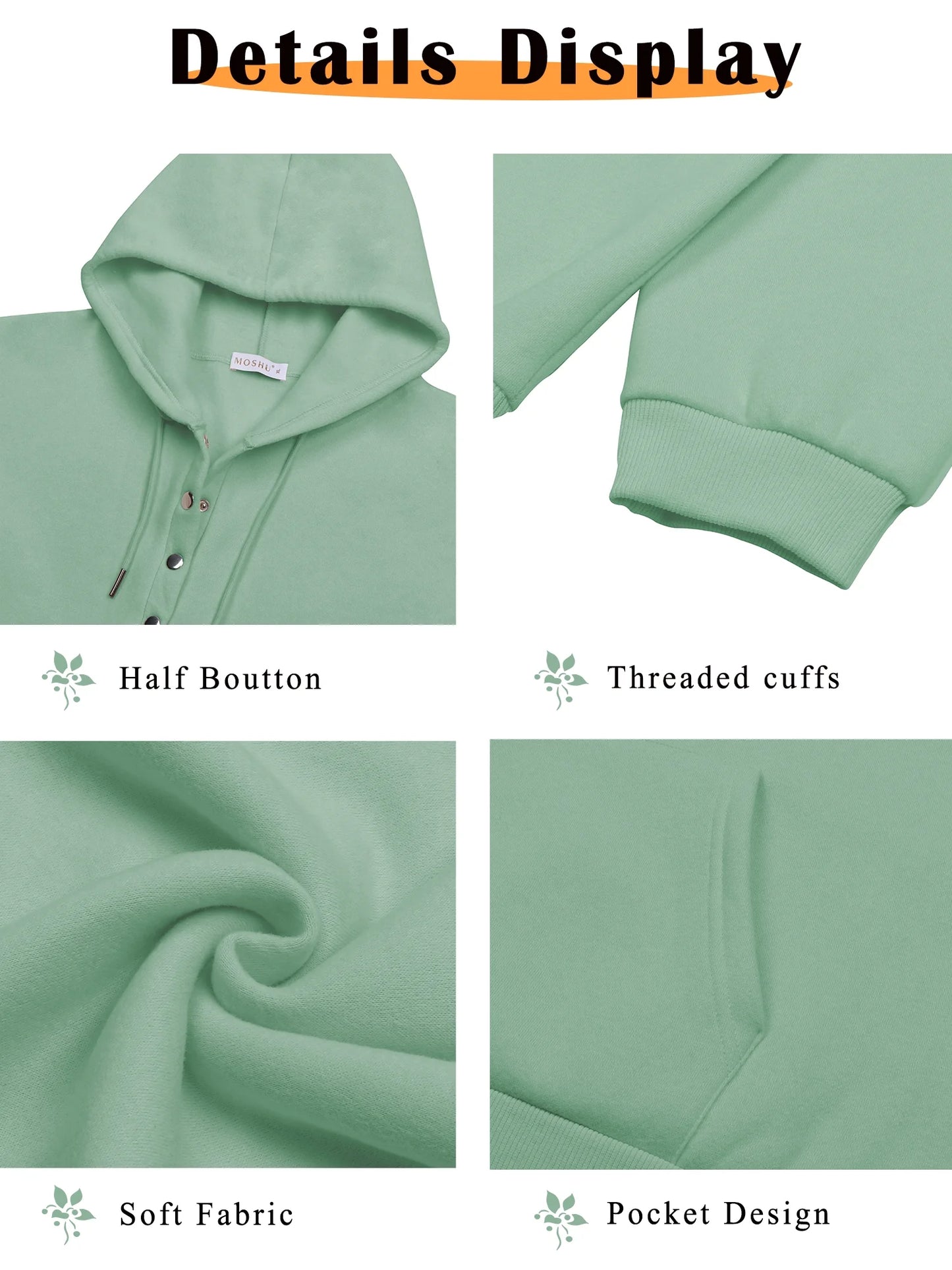 Half Boutton Womens Hoodies Drawstring Hooded Sweatshirts for Woman with Pocket