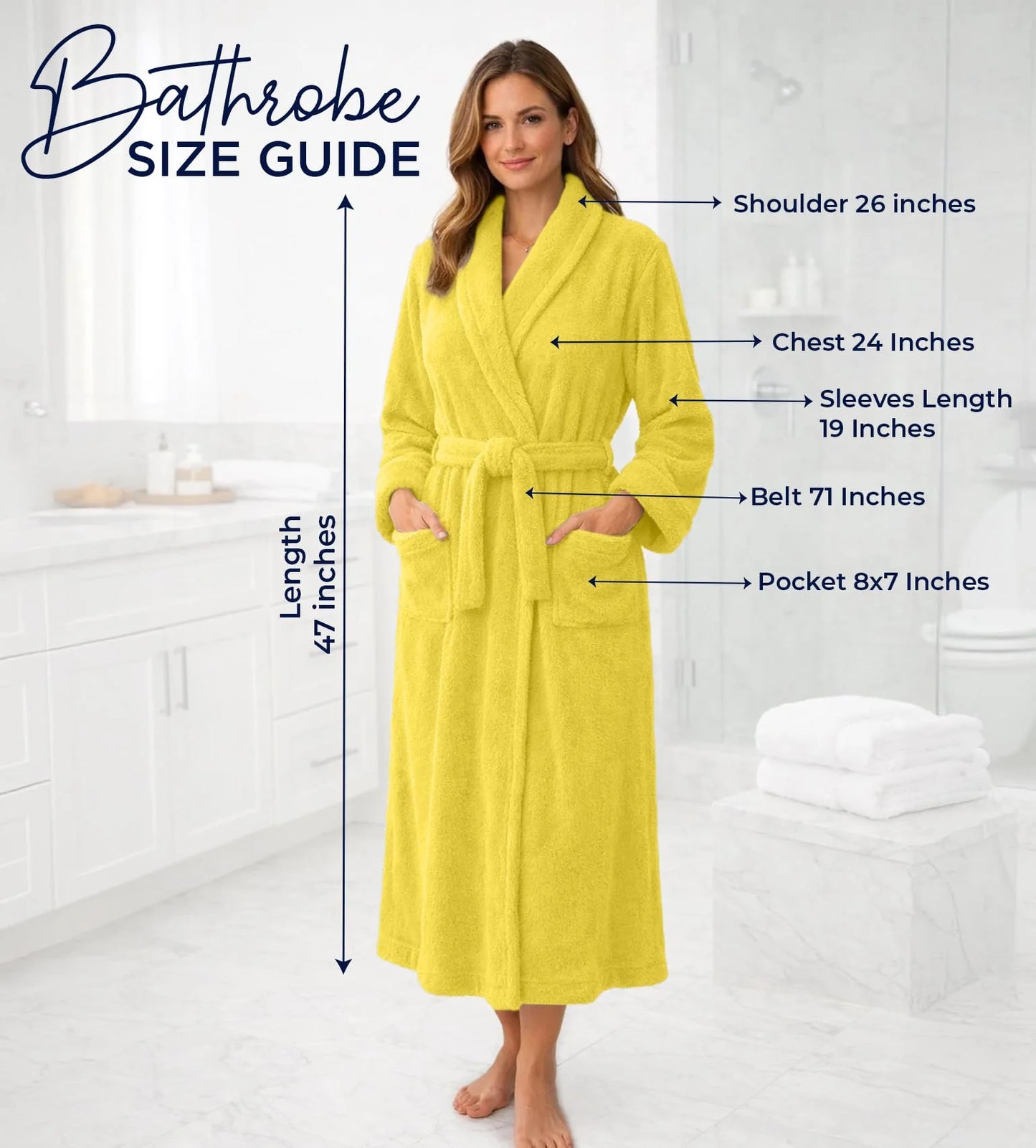 Bathrobe for Men and Women One Size Lightweight Cotton Terry Cloth Robe - Yellow