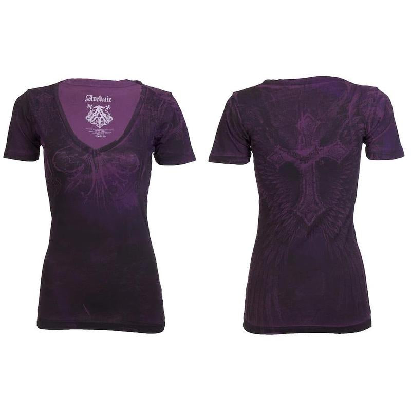 ARCHAIC Womens Short Sleeve V-Neck T-Shirt (Purple)