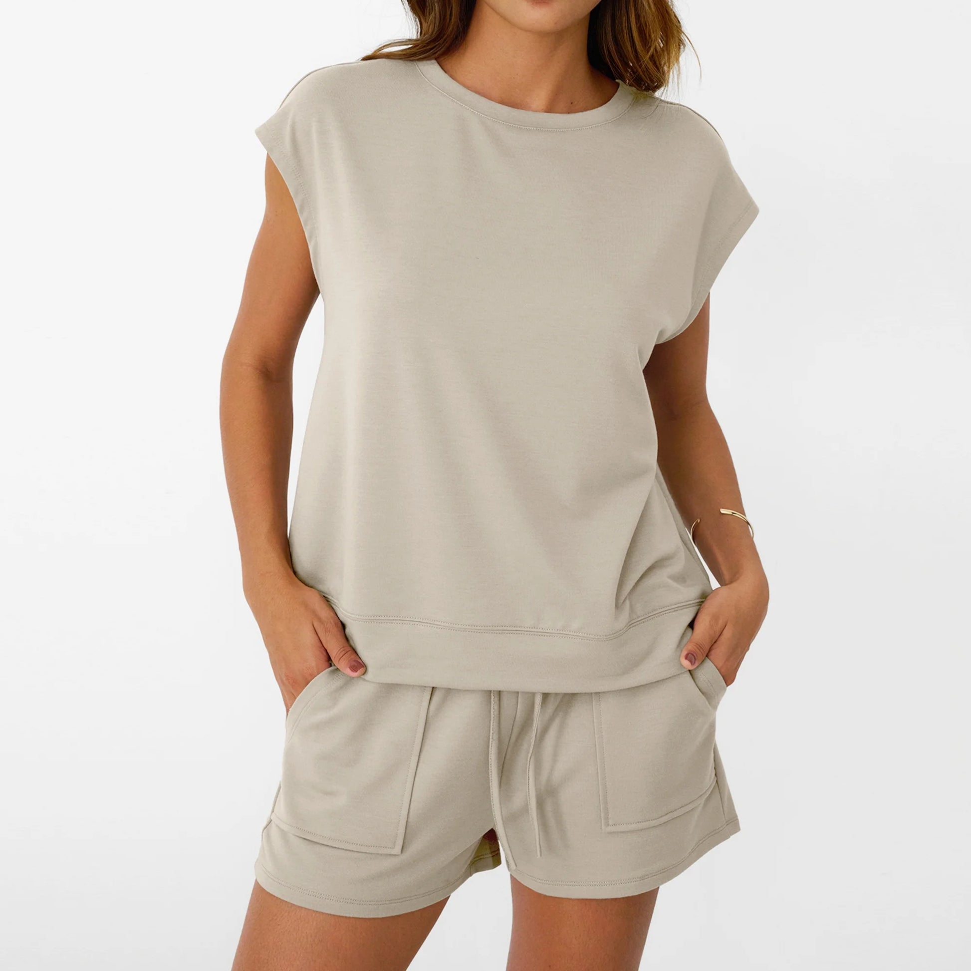 Lounge Sets for Women Two Piece Outfits Sweatsuit Crew Neck Short Sets Cap Sleeve Drawstring with Pocket