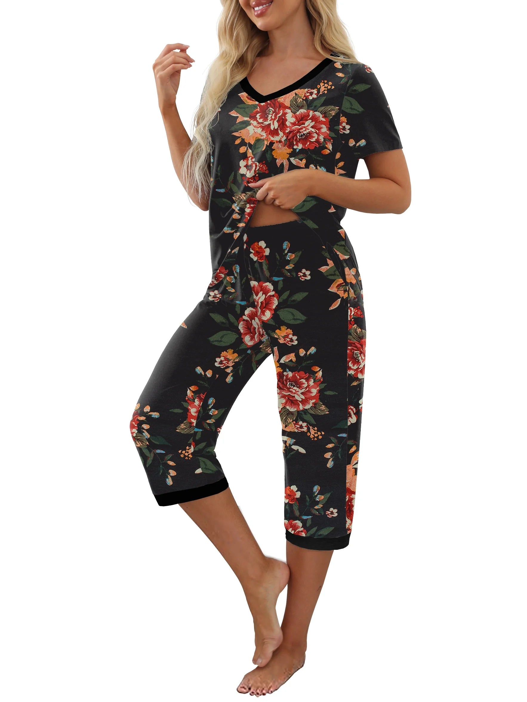 Women'S Pajama Sets Short Sleeve Shirt and Capri Soft Pajama Sets with Pockets S-4XL