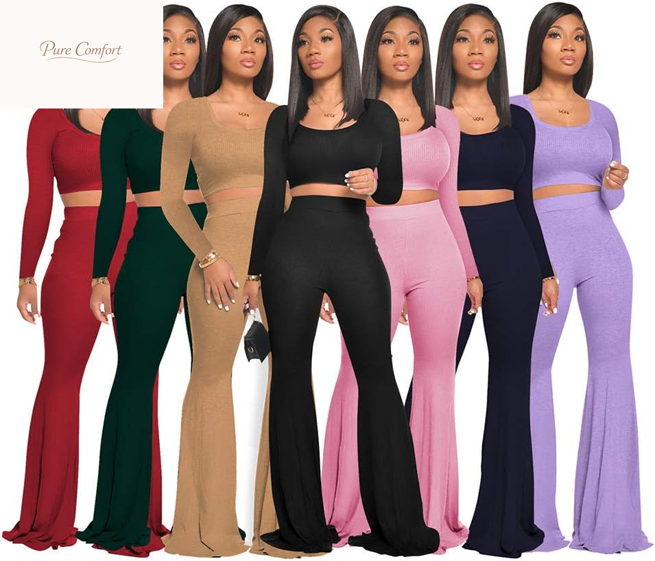 Two Piece Outfits for Women Sexy Crop Top + Flared Long Pants Sweat Suits Ribbed Fitted Tracksuits Yoga Set