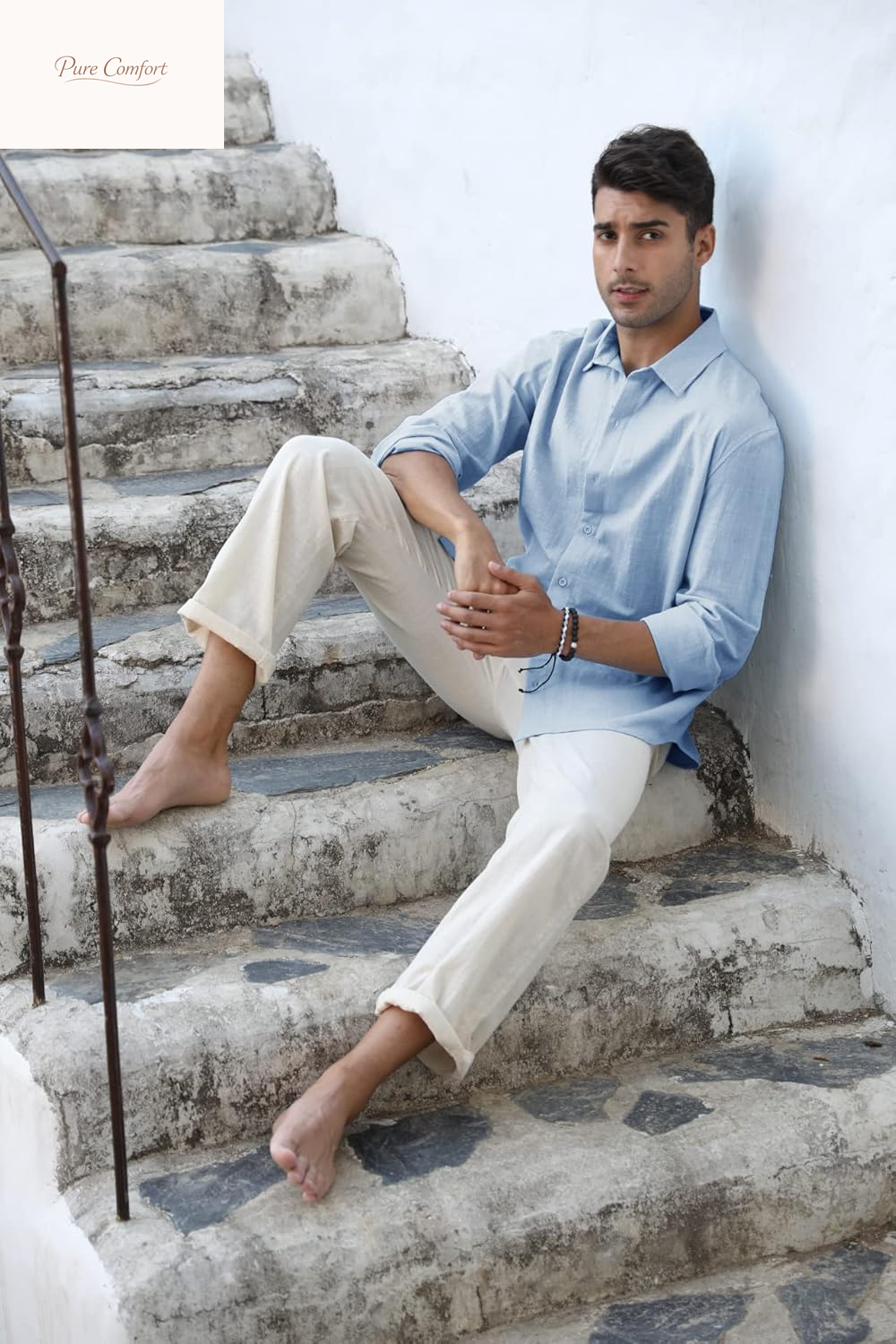 Mens Button down Shirt Linen Cotton Shirts Casual Long Sleeve Spread Collar Beach Plain Tops