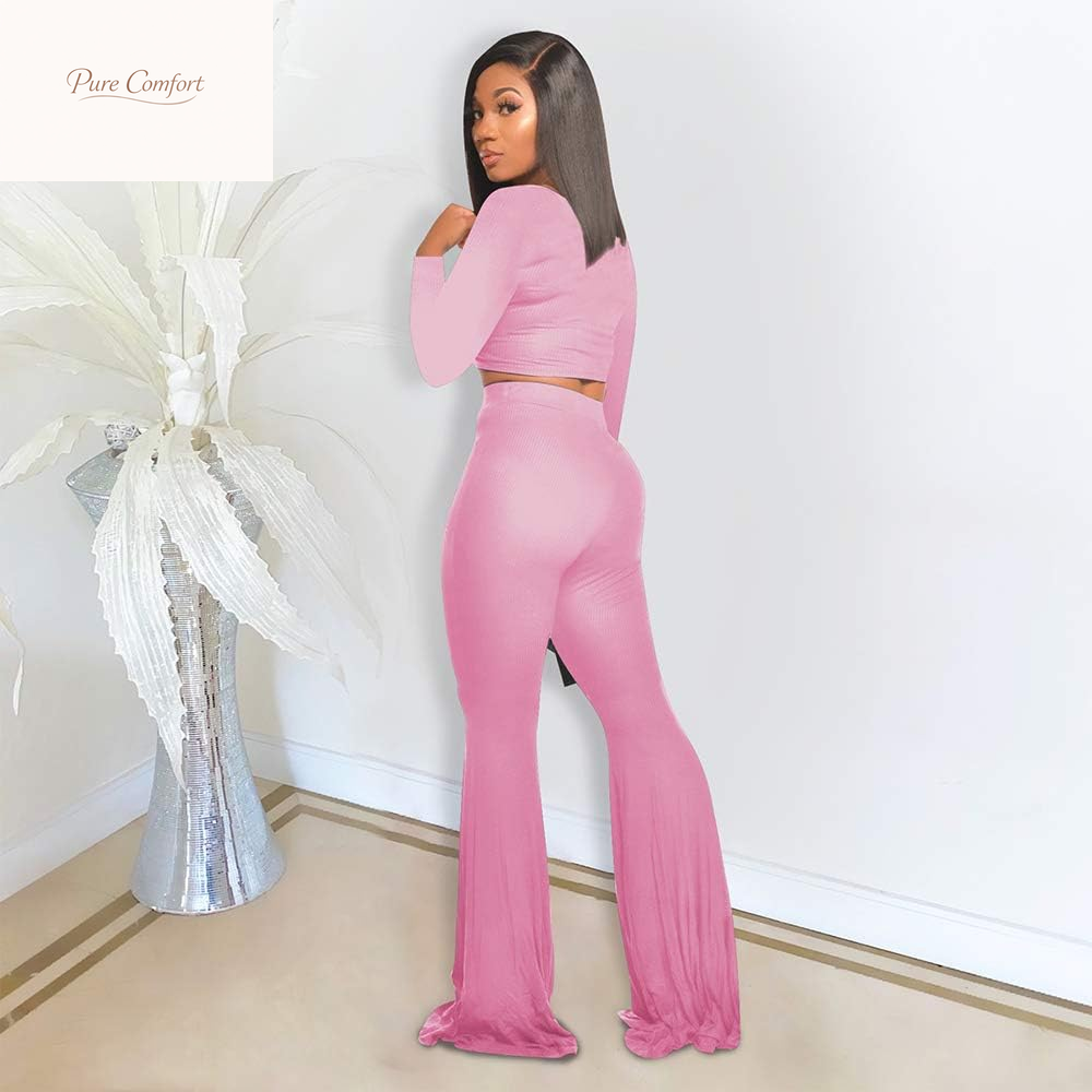 Two Piece Outfits for Women Sexy Crop Top + Flared Long Pants Sweat Suits Ribbed Fitted Tracksuits Yoga Set
