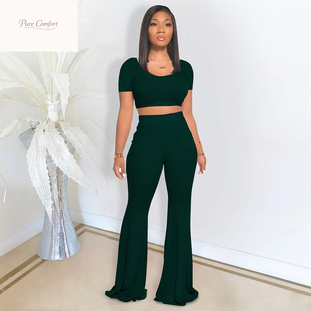 2 Piece Outfits for Women Workout Sets - Sexy Crop Top + High Waisted Flared Long Pant Sets Track Suits Yoga Sports