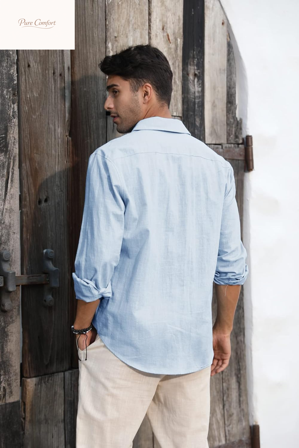 Mens Button down Shirt Linen Cotton Shirts Casual Long Sleeve Spread Collar Beach Plain Tops