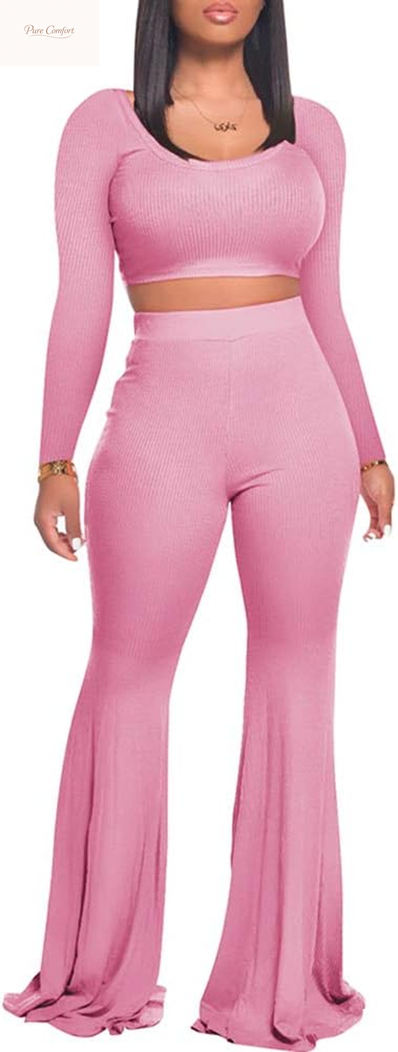 Two Piece Outfits for Women Sexy Crop Top + Flared Long Pants Sweat Suits Ribbed Fitted Tracksuits Yoga Set
