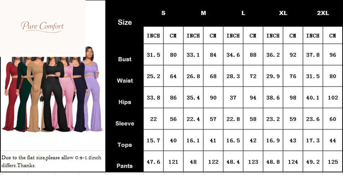Two Piece Outfits for Women Sexy Crop Top + Flared Long Pants Sweat Suits Ribbed Fitted Tracksuits Yoga Set