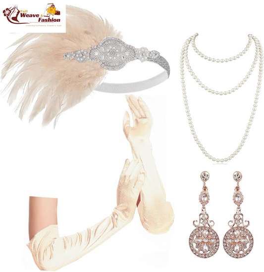 1920S Gatsby Accessories Set for Women Flapper Headband 20S Headpiece Necklace Gloves(C)
