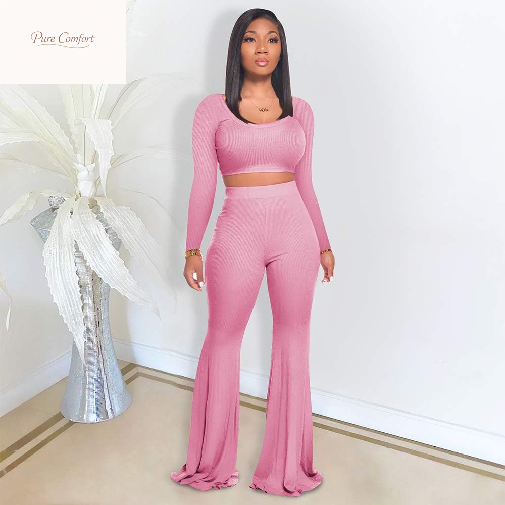 Two Piece Outfits for Women Sexy Crop Top + Flared Long Pants Sweat Suits Ribbed Fitted Tracksuits Yoga Set
