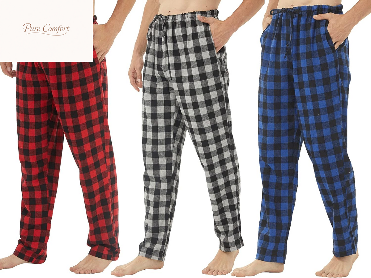 3 Pack Men'S Pajama Pants Flannel Cotton Soft Pajamas for Men Plaid Pj Bottoms Lounge Sleepwear with Button Fly