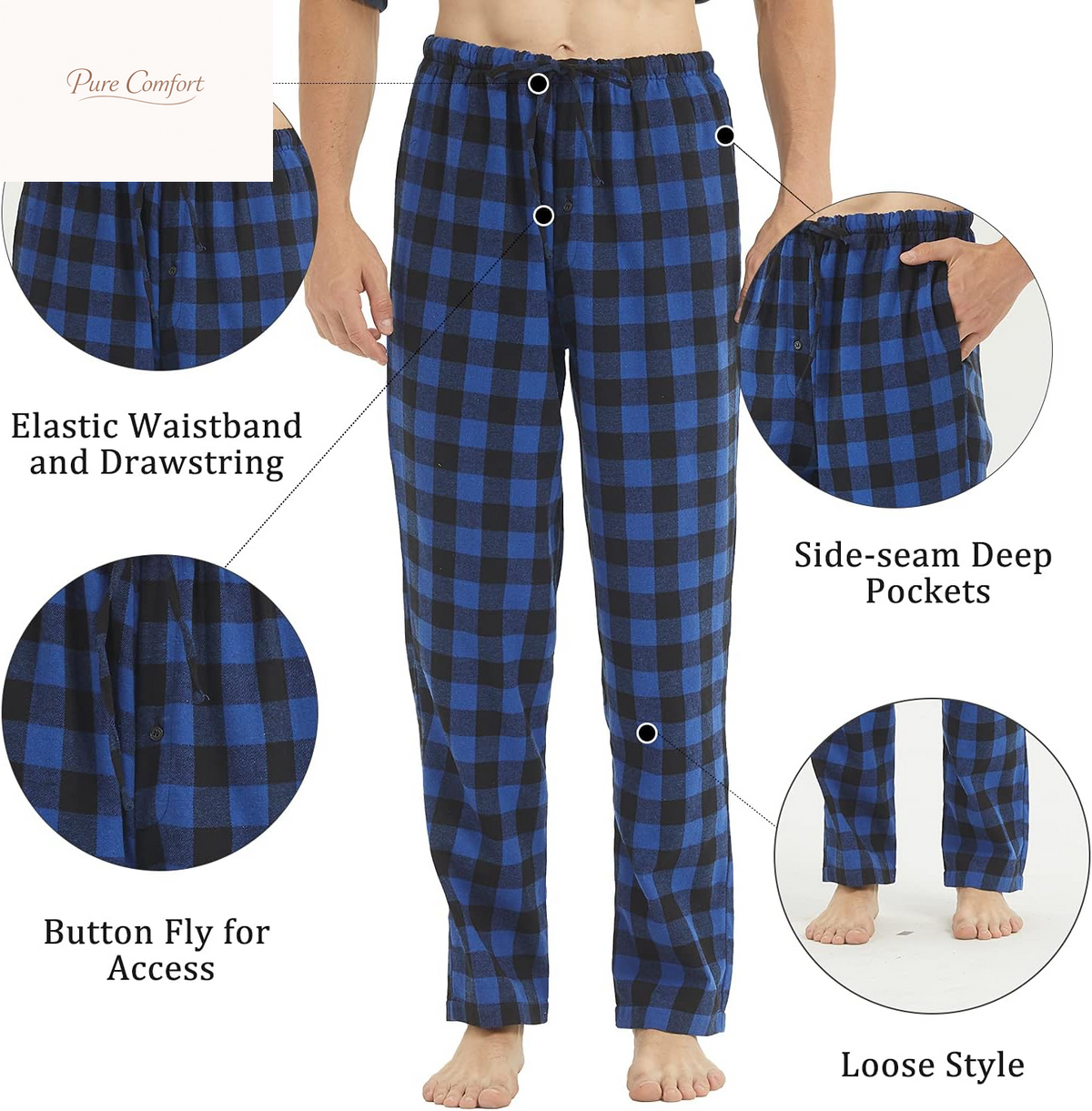 3 Pack Men'S Pajama Pants Flannel Cotton Soft Pajamas for Men Plaid Pj Bottoms Lounge Sleepwear with Button Fly