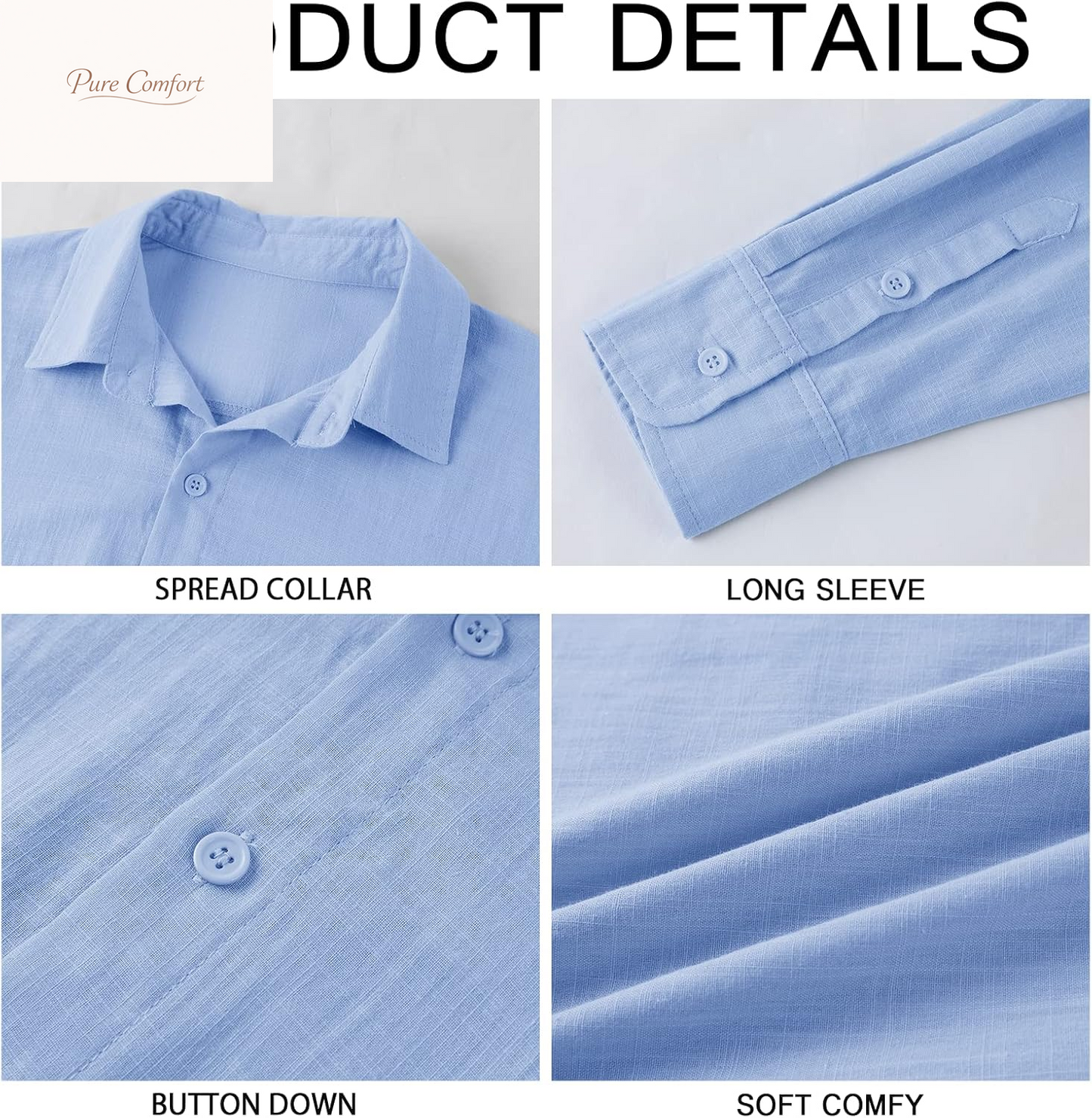 Mens Button down Shirt Linen Cotton Shirts Casual Long Sleeve Spread Collar Beach Plain Tops