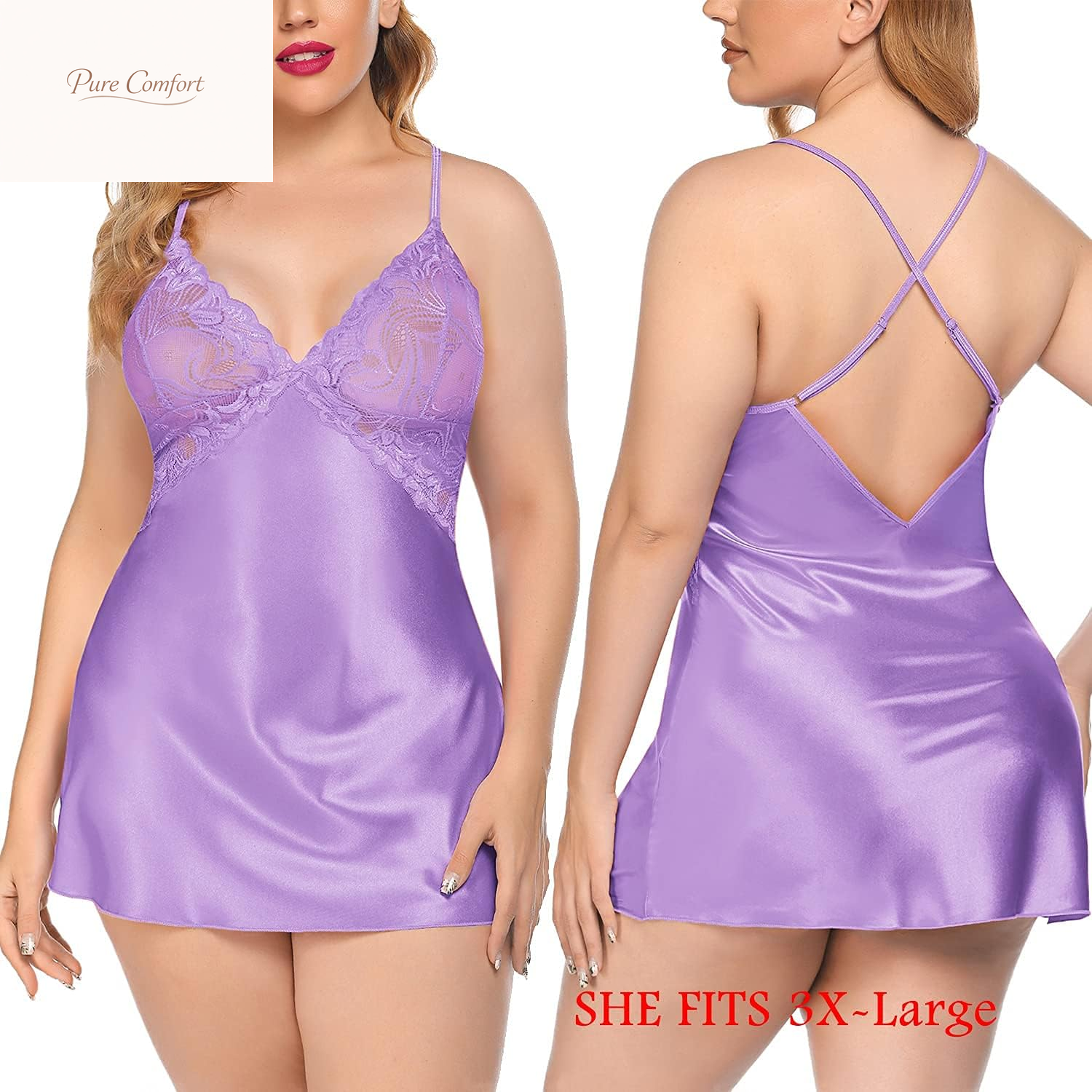 Women Lingerie V Neck Sexy Nightwear Satin Sleepwear Lace Chemise Mini Babydoll Nightgown