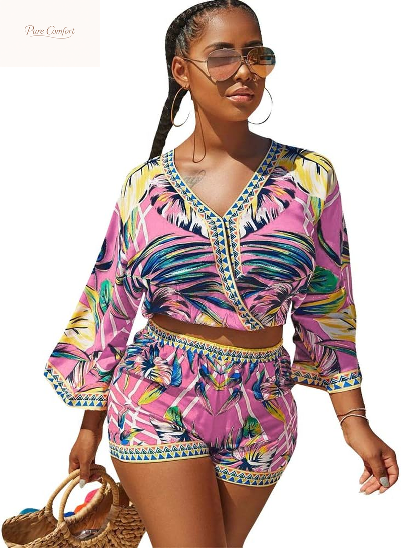 2 Piece Outfits for Women Summer Two Piece Crop Top Shorts Set Boho Floral Print Romper Jumpsuit