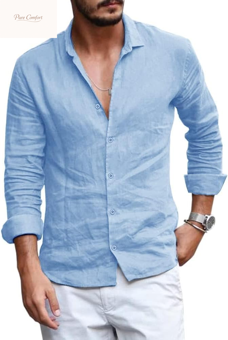 Mens Button down Shirt Linen Cotton Shirts Casual Long Sleeve Spread Collar Beach Plain Tops