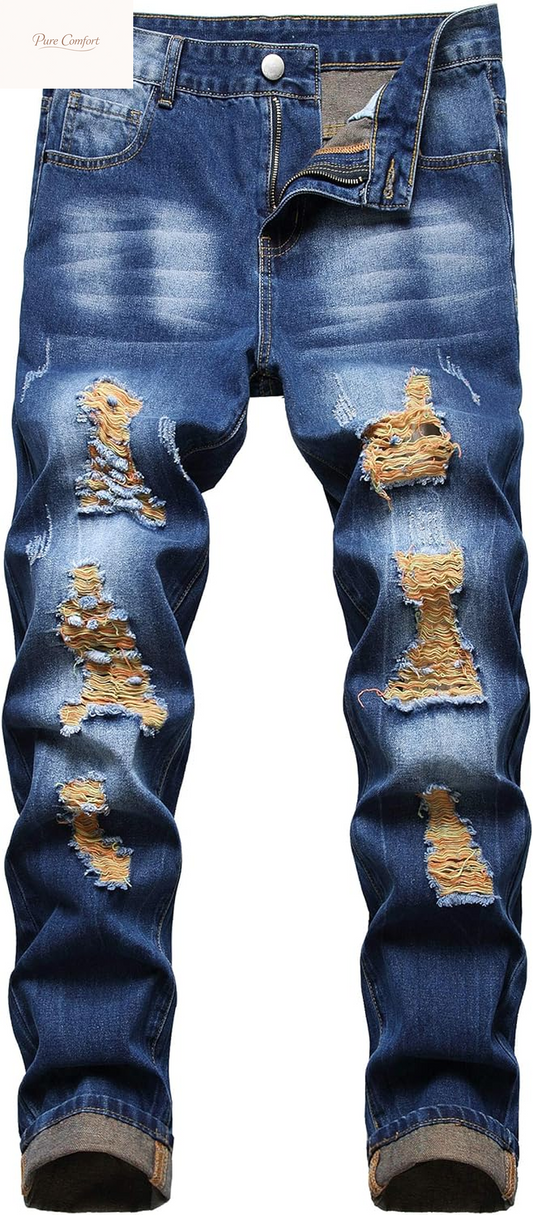 Mens Ripped Jeans, Distressed Destroyed Slim Fit Straight Leg Denim Pants